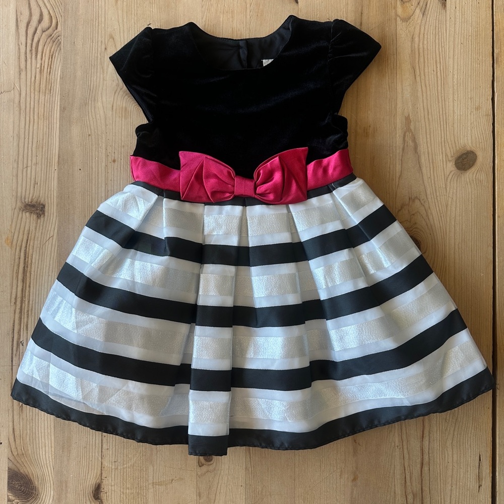 Christmas or Holiday, Elegant Black, White & Silver Striped Dress with Red Bow